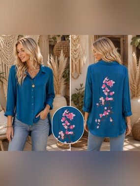 Boho Chic Soft Surroundings Teal Button-Down Shirt with Pink Floral Embroidery